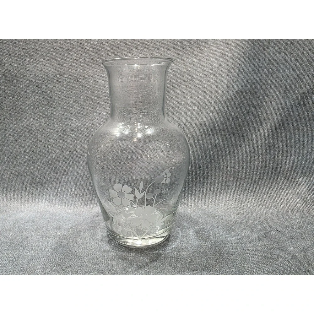 Vintage Clear Glass Etched Floral Bud Vase Flared Rim 7 Inch Home Decor
